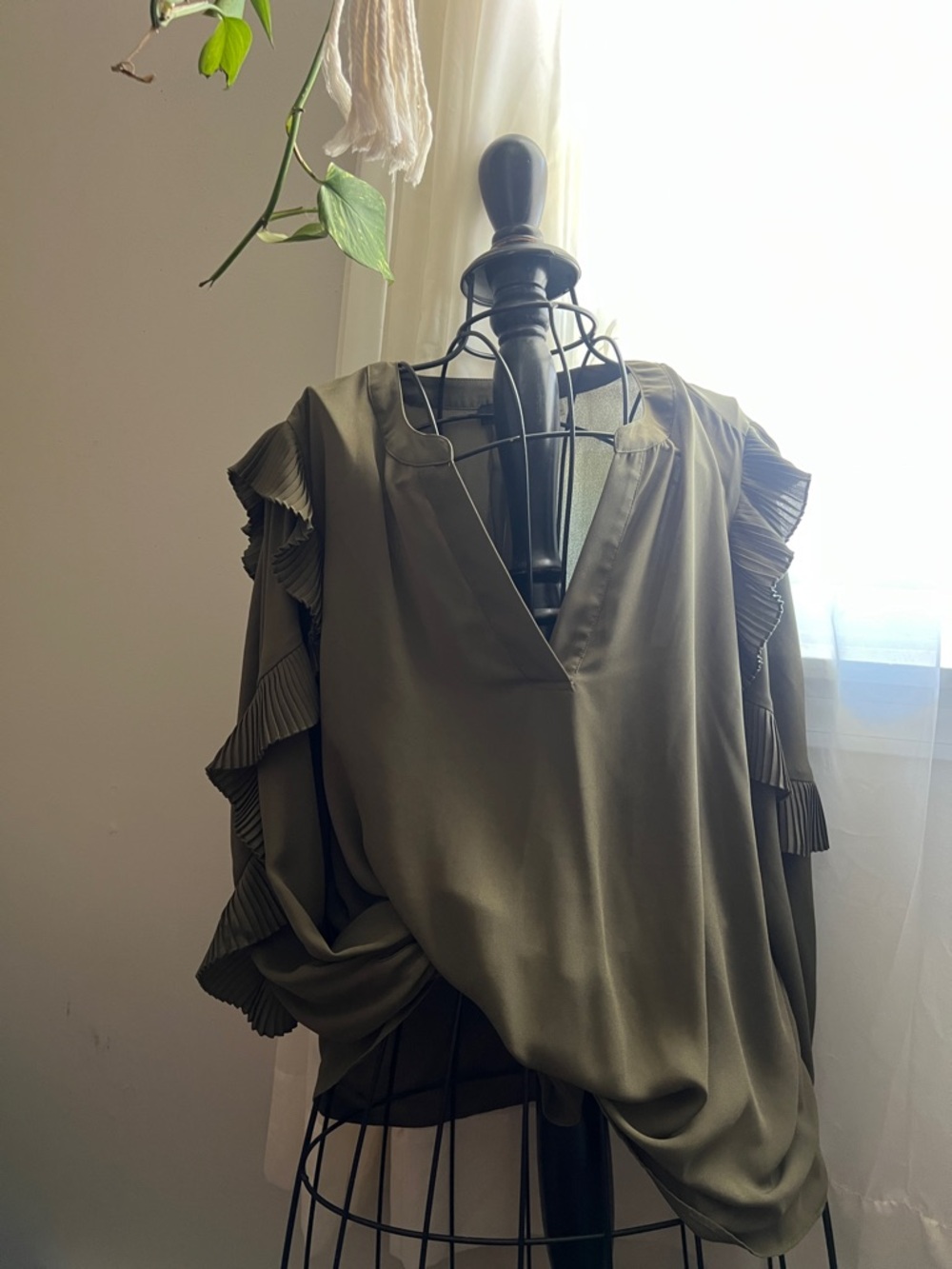 Tahari Olive Green Pleated Ruffle Sleeve Blouse